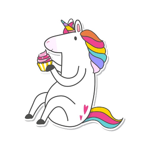 cute cartoon unicorn eating a cupcake